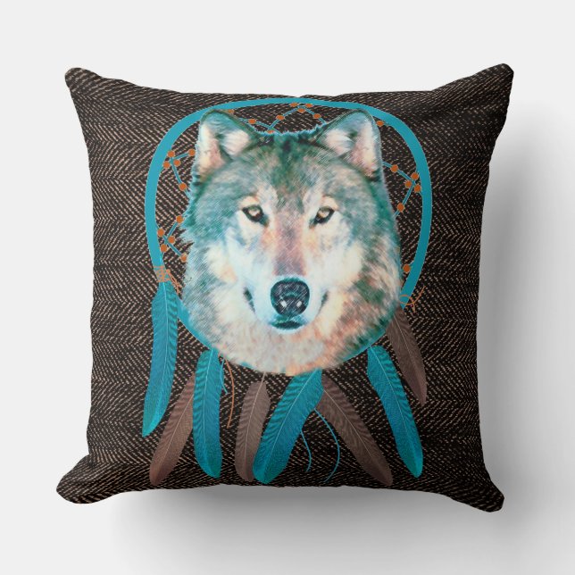 Spirit Wolf Dream Catcher Brown Chevron Pillow (Front)
