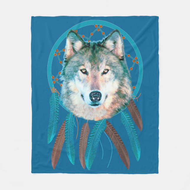 Spirit Wolf Dream Catcher Fleece Blanket (Front)