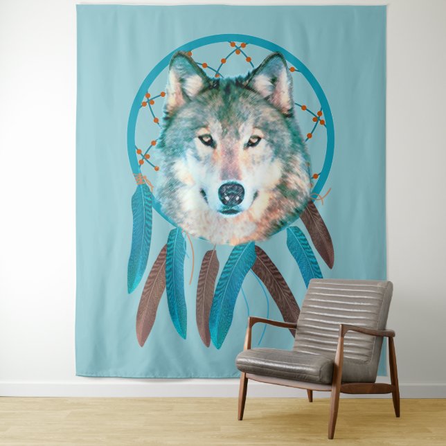 Spirit Wolf Dream Catcher Tapestry (In Situ)
