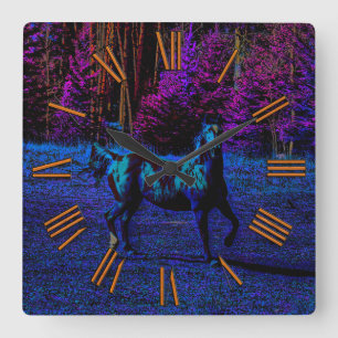 Spirited Horse in a Midnight Field Equine Art Square Wall Clock