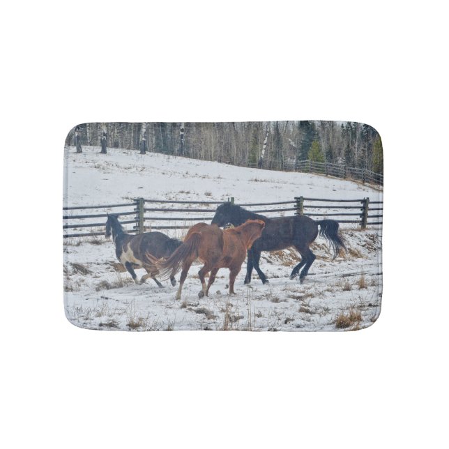 Spirited Pinto and Quarter Horses in Winter Snow Bath Mat (Front)