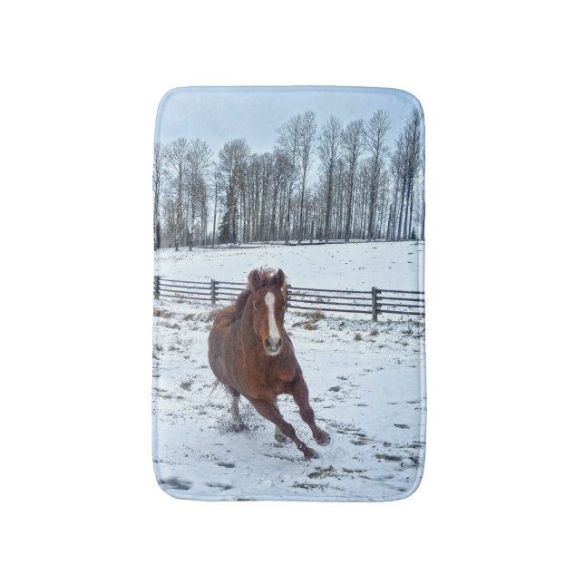 Spirited Quarter Horse Running in Winter Snow Bath Mat (Front Vertical)