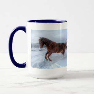 Spirited Sorrel Horse Rearing Up in Winter Snow Mug