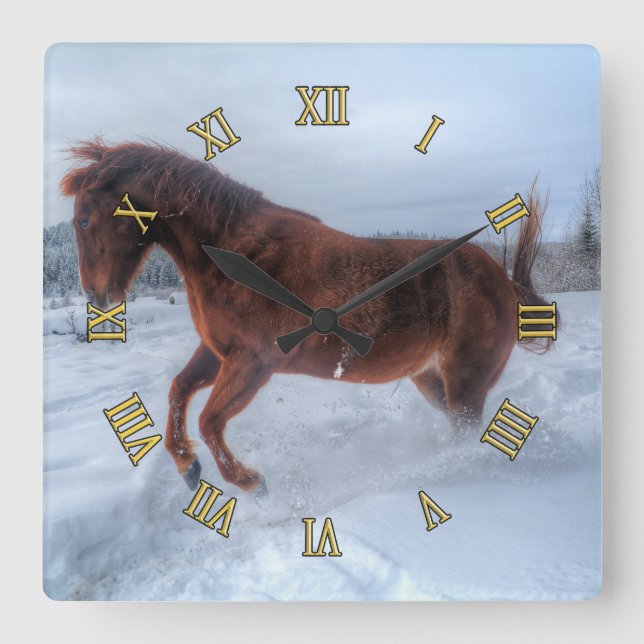 Spirited Sorrel Horse Rearing Up in Winter Snow Square Wall Clock (Front)