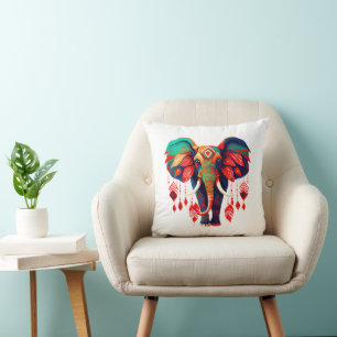 Spiritual Elephant with Red Feathers Cushion