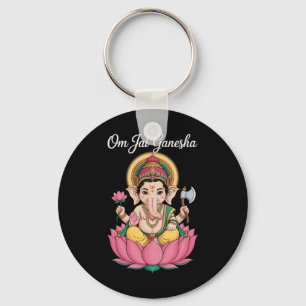 Spiritual Ganesha Lotus Illustration Om Jai Saying Key Ring