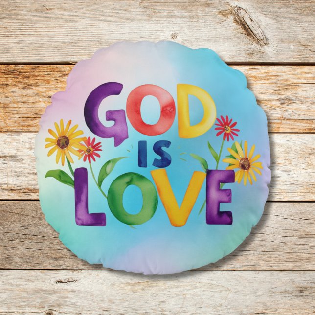 Spiritual God is Love blue yellow Daisy flowers Mo Round Cushion (Creator Uploaded)