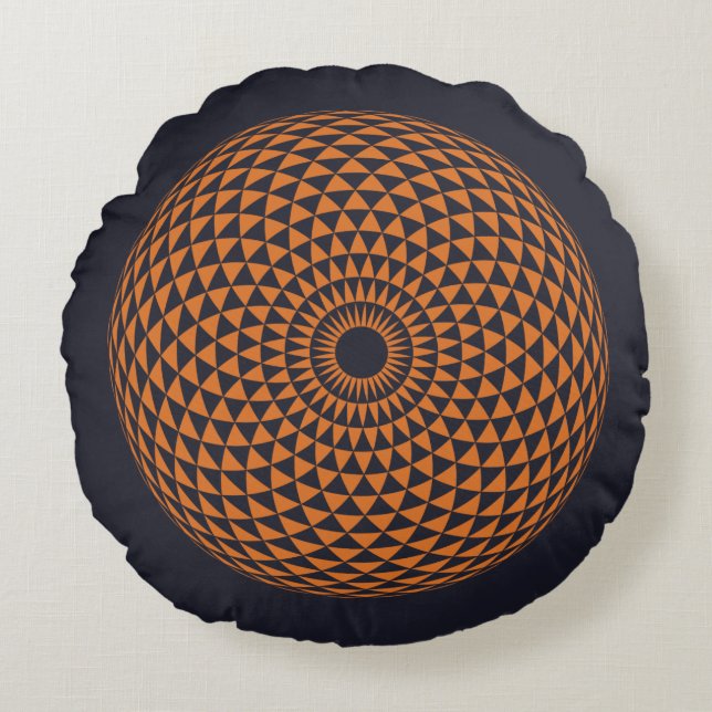 Spiritual Grey Orange Mandala Geometric Oriental Round Cushion (Front)