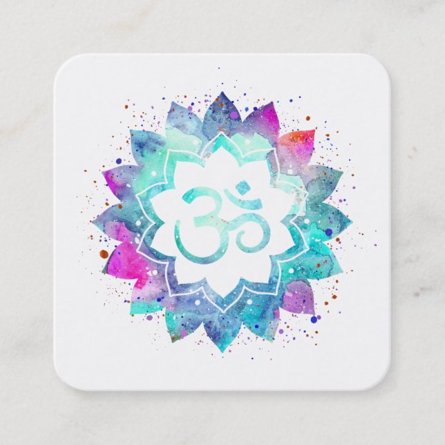 *~* Spiritual Lotus Flower Mandala Om Aum Symbol Square Business Card (Front)