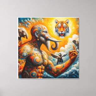 spiritual man elephant tiger colourful canvas print
