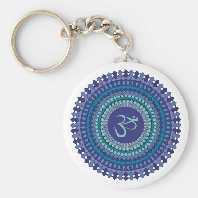 Spiritual Mandala Om Purple Aqua Blue Kaleidoscope Key Ring (Front)