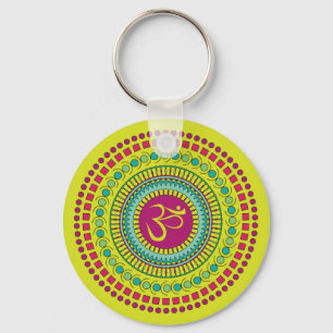 Spiritual Mandala Om Symbol Pink Green Geometric Key Ring