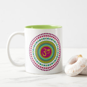 Spiritual Mandala Om Symbol Pink Green Geometric Two-Tone Coffee Mug