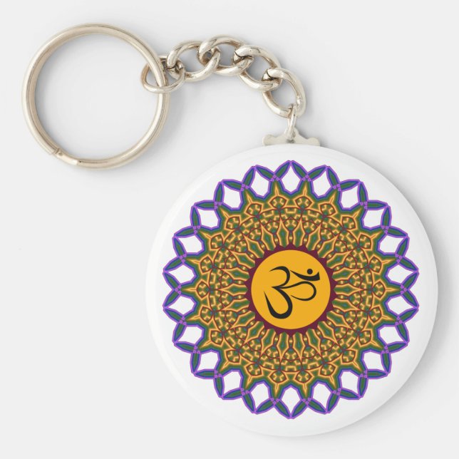 Spiritual Mandala Yoga Om Peacock Kaleidoscope Key Ring (Front)