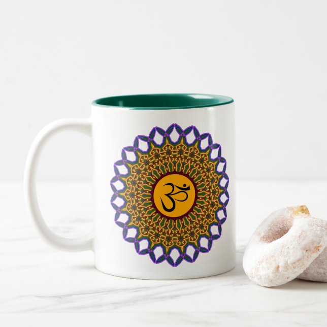 Spiritual Mandala Yoga Om Peacock Kaleidoscope Two-Tone Coffee Mug (With Donut)