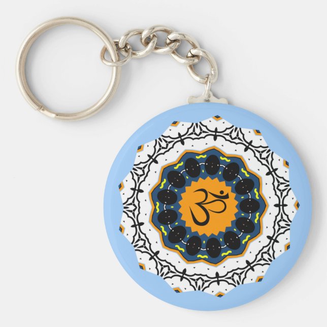 Spiritual Mandala Yoga Om Symbol Blue Geometric Key Ring (Front)