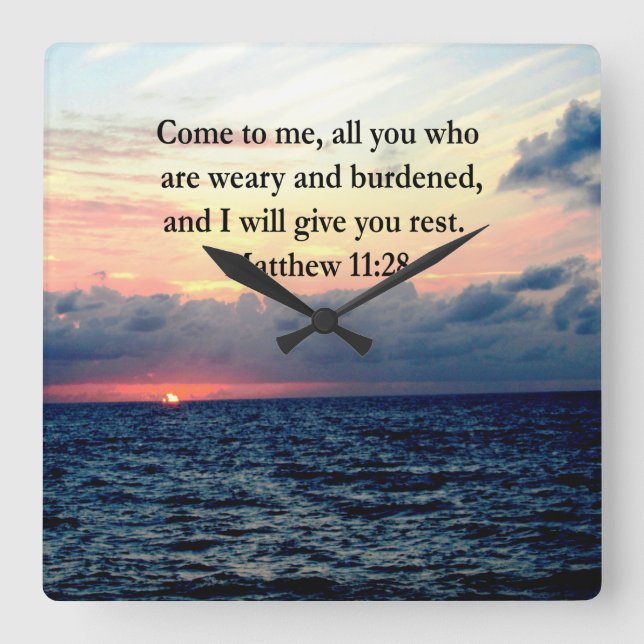 SPIRITUAL MATTHEW 11:28 SUNRISE SCRIPTURE PHOTO SQUARE WALL CLOCK (Front)