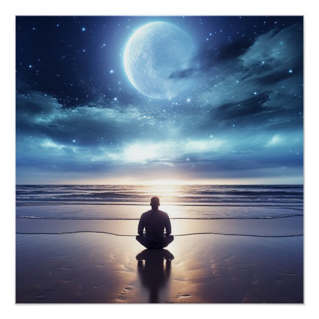 Spiritual Meditating Man on the Beach at Night Poster (Front)