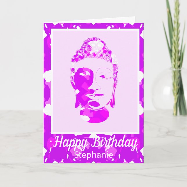 Spiritual Pink & White Symmetry Buddha Birthday Card (Front)