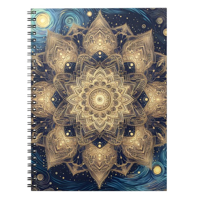 Spiritual Starry Night Nebula Gold Mandala Art Notebook (Front)
