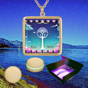 Spiritual Tree of Life White Centre of Cosmos Blue Gold Plated Necklace