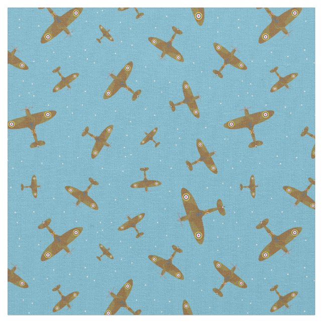 Spitfire Aeroplane Pattern on Light Blue Fabric (Close Up)