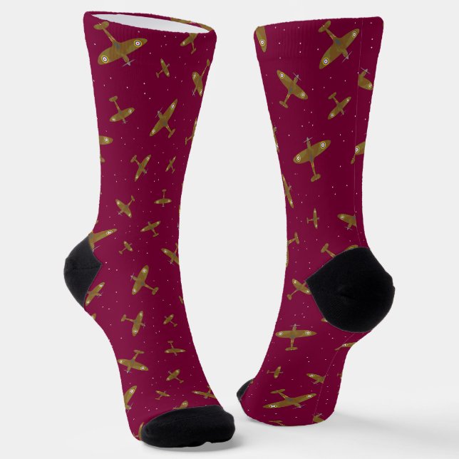 Spitfire Aeroplanes Aviation Themed Burgundy Socks (Angled)