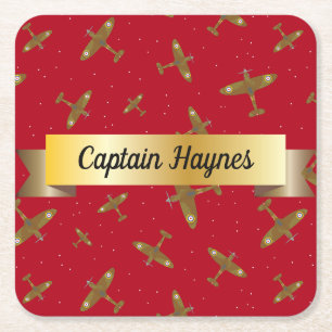 Spitfire Aeroplanes on Red with Gold Scroll Square Paper Coaster