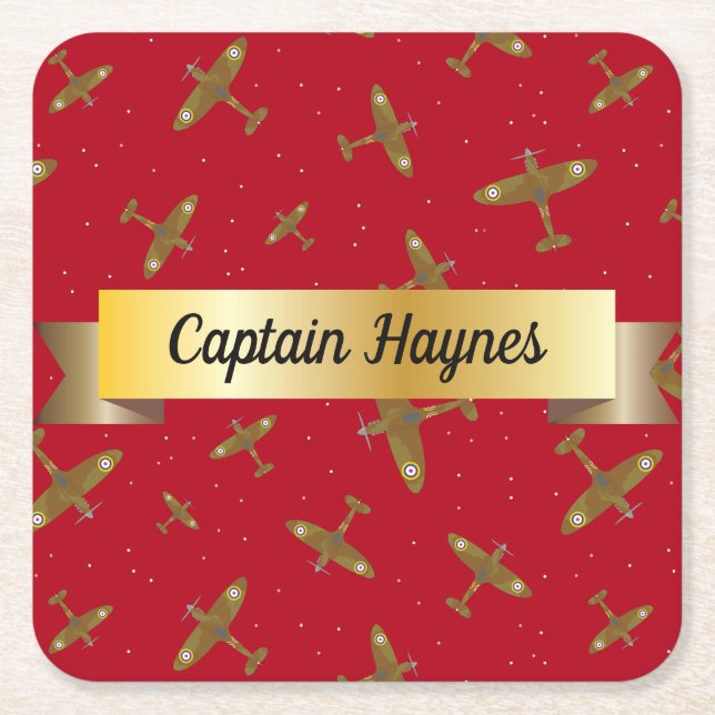 Spitfire Aeroplanes on Red with Gold Scroll Square Paper Coaster (Front)