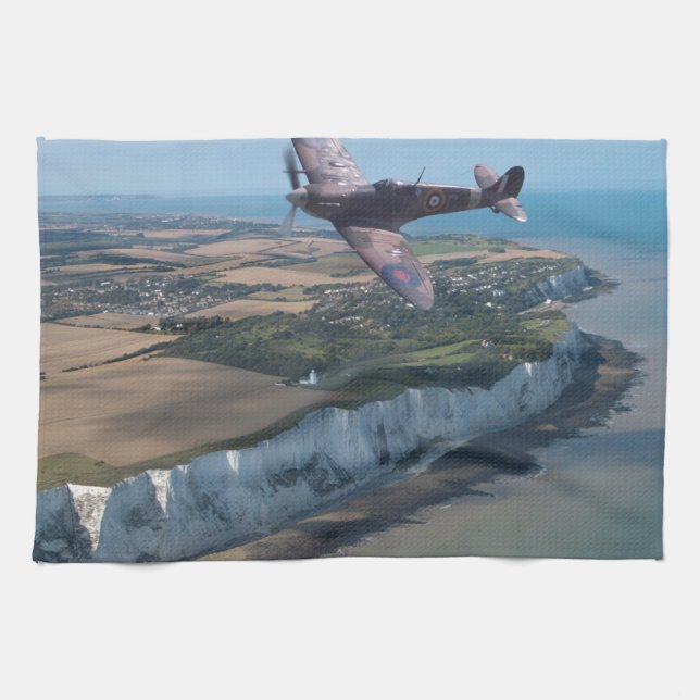 Spitfire over the English coast. Tea Towel (Horizontal)