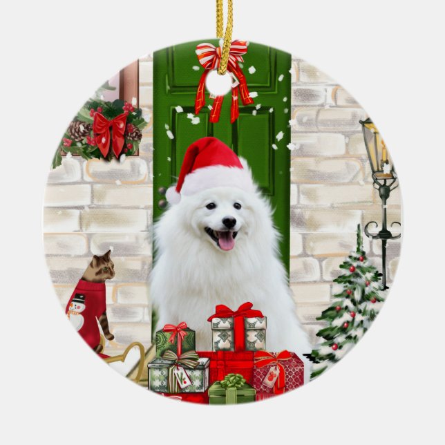 Spitz Dog Christmas  Ceramic Tree Decoration (Front)