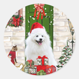 Spitz Dog Christmas  Classic Round Sticker
