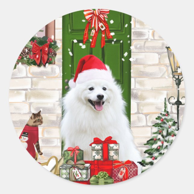 Spitz Dog Christmas  Classic Round Sticker (Front)