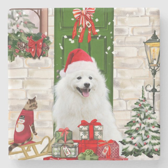 Spitz Dog Christmas  Stone Coaster (Front)