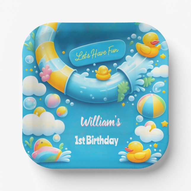 Splash Bubbles Summer Duck Foam 1st Birthday Paper Plate (Front)