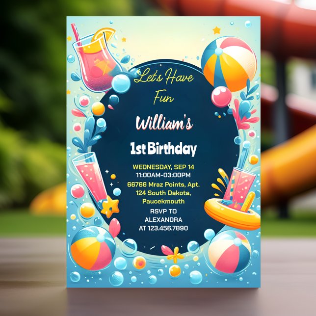 Splash Bubbles Summer pool party Foam 1st Birthday Invitation (Creator Uploaded)