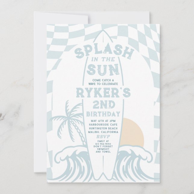 Splash In The Sun Modern Surf Surfboard Birthday  Invitation (Front)
