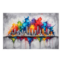Splash ink drawing with skyscraper skyline