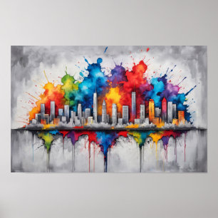 Splash ink drawing with skyscraper skyline poster