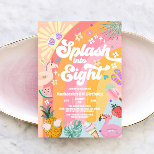 Splash Into Eight Rainbow Sun Summer 8th Birthday  Invitation