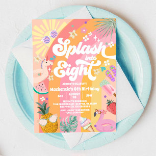 Splash Into Eight Summer Rainbow Sun 8th Birthday  Invitation