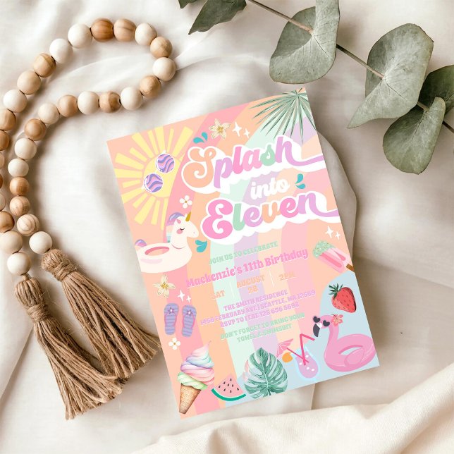 Splash Into Eleven Summer Rainbow Sun 11th Bday Invitation (Creator Uploaded)