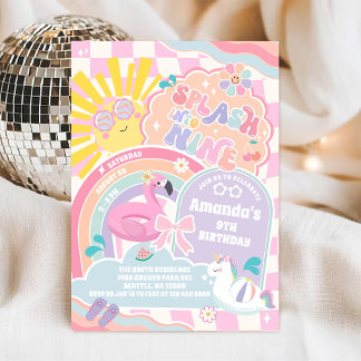 Splash Into Nine Pool Party Rainbow 9th Birthday Invitation