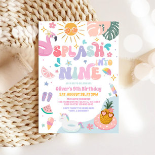 Splash Into Nine Pool Party Summer 9th Birthday Invitation