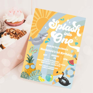 Splash Into One Summer Rainbow Sun 1st Birthday Invitation