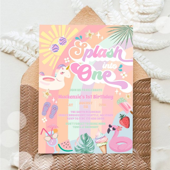 Splash Into One Summer Rainbow Sun 1st Birthday Invitation (Creator Uploaded)