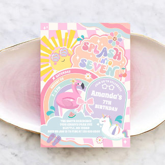 Splash Into Seven Pool Party Rainbow 7th Birthday Invitation
