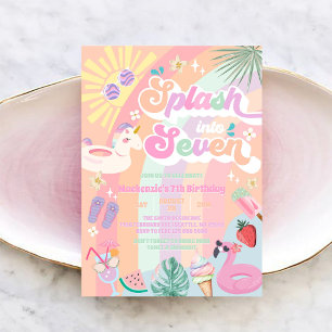 Splash Into Seven Summer Rainbow Sun 7th Birthday  Invitation