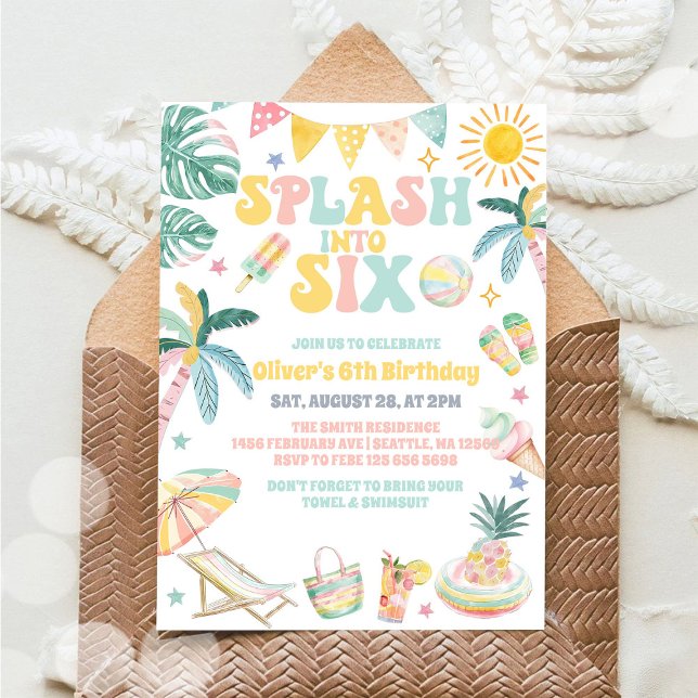 Splash Into Six Beach Party Summer 6th Birthday Invitation (Creator Uploaded)