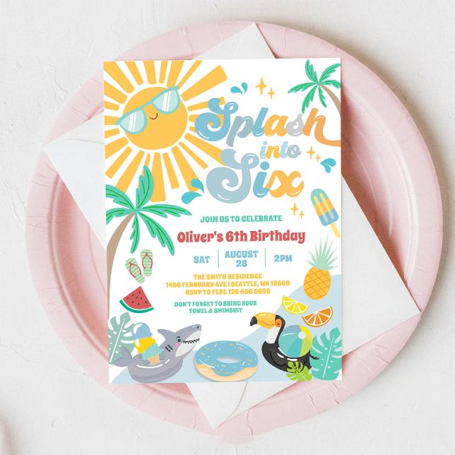 Splash Into Six Groovy Summer Beach 6th Birthday I Invitation (Creator Uploaded)
